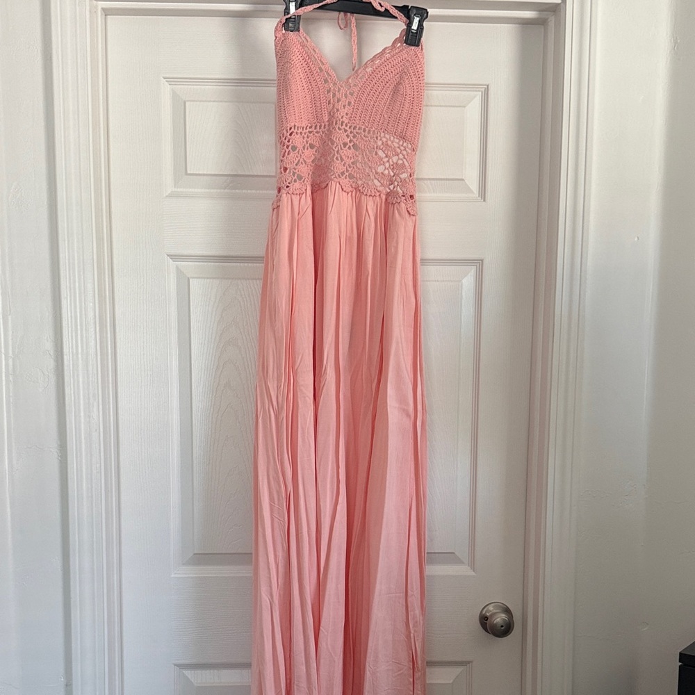 Lilbetter Pink Crochet Maxi Dress